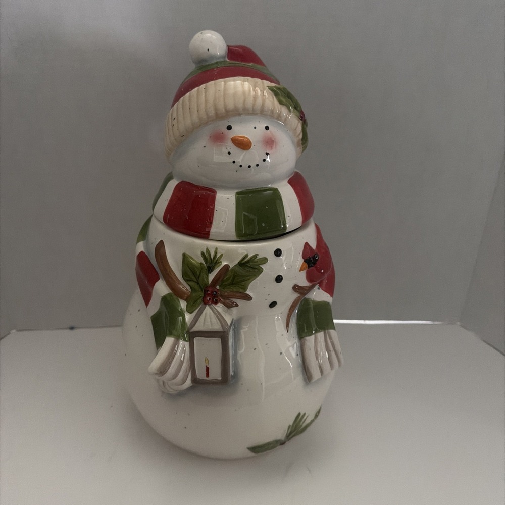 Ceramic Snowman Cookie Jar Holiday Christmas Decor Cardinal Lantern Red Green